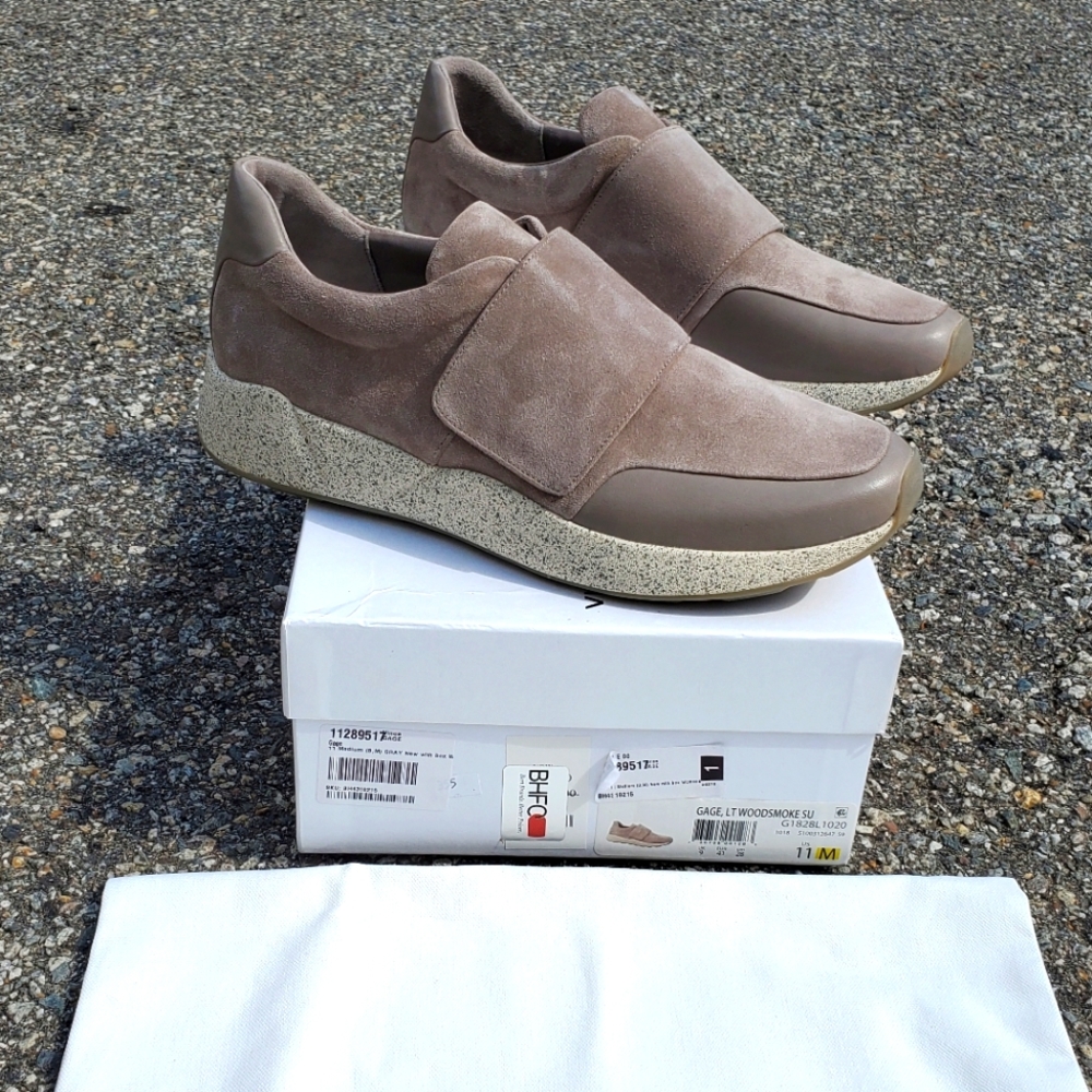 NIB VINCE Gage Woodsmoke Gray Leather Suede Velcro Walking Sneakers sz 11